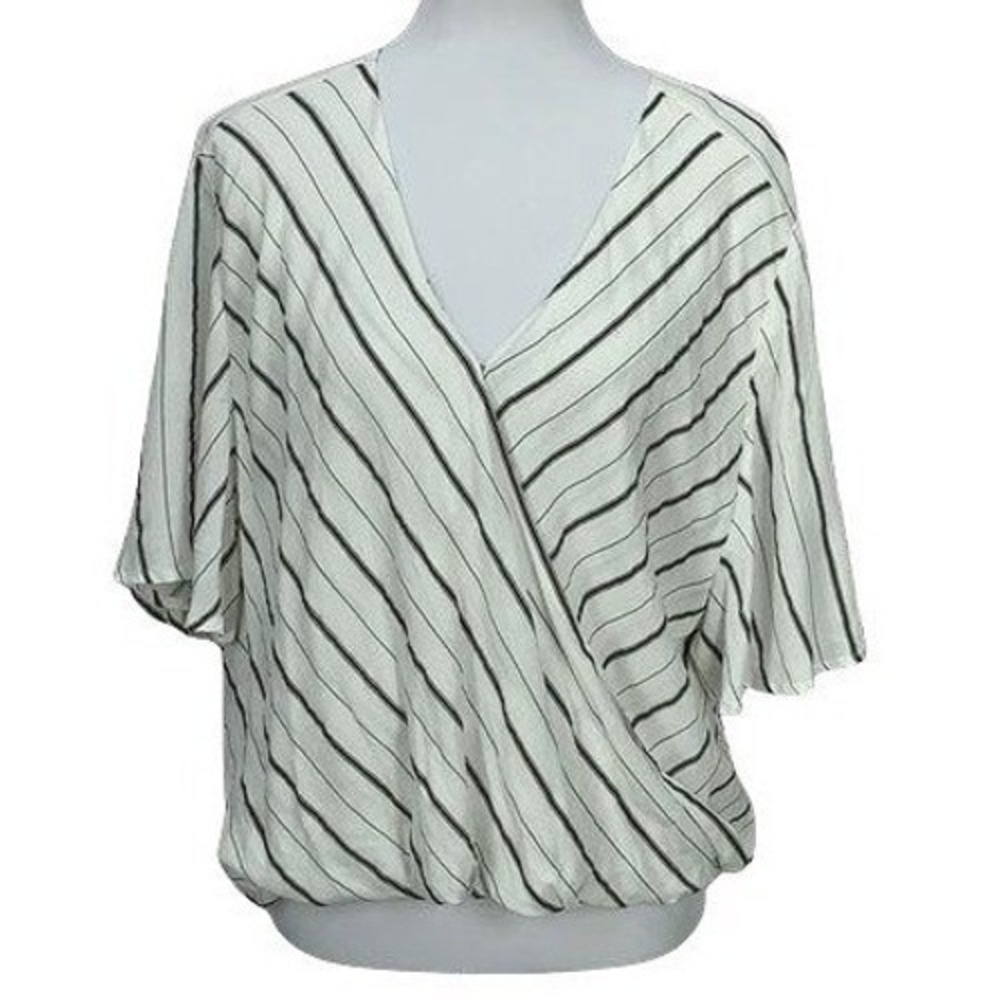 White Black Striped Surplice Wrap V-Neck Flutter‎ Sleeve Blouse Top